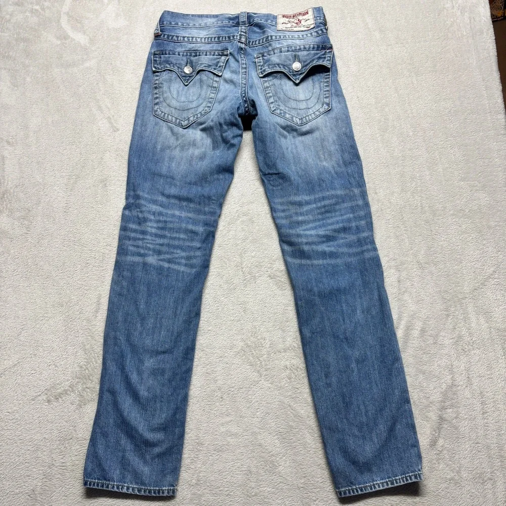 True‎ Religion Slim Fit Blue Denim Jeans Mens 31x33 Flap Pockets Whiskering Fade